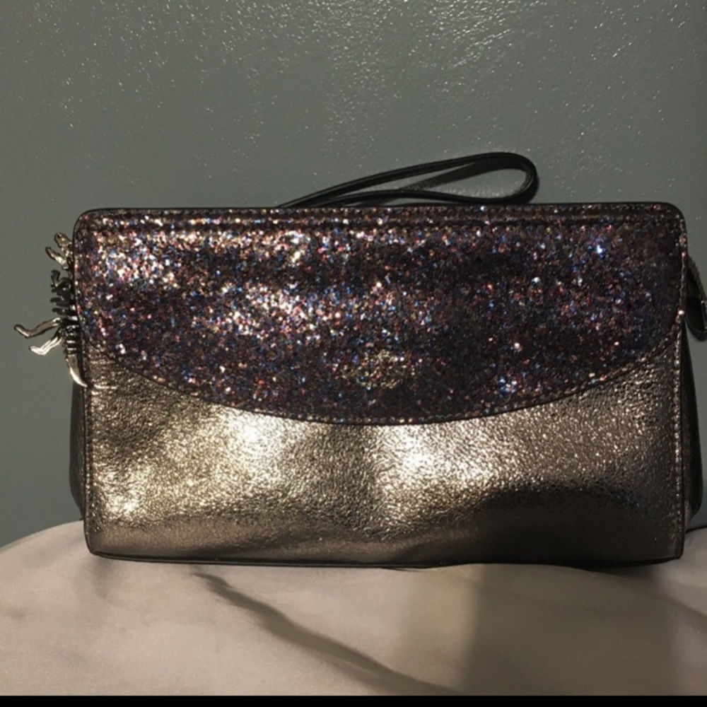 Coach Large Wristlet Wallet Clutch Purse Silver Glitter Bag